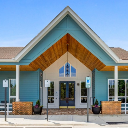 a building with a blue roof