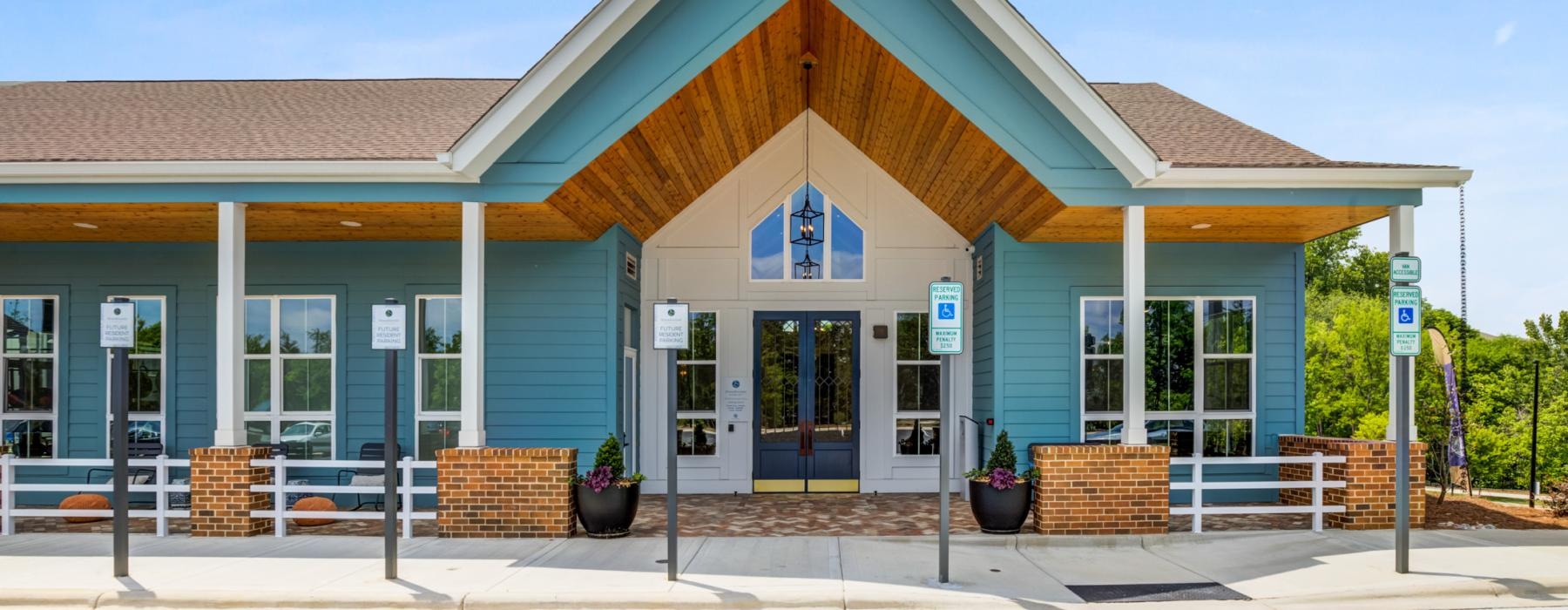 a building with a blue roof